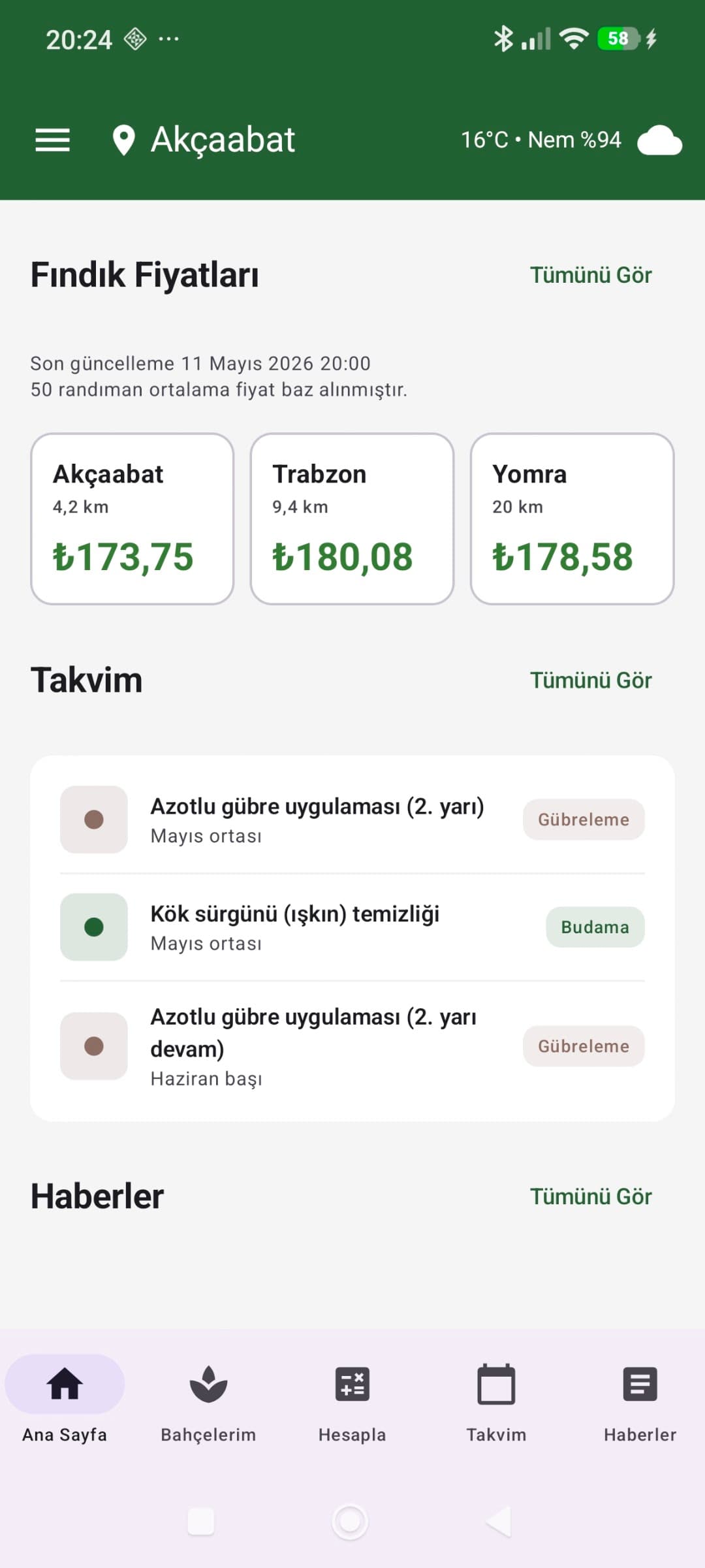 Fındık Bahçem uygulamasının ana ekranı: bölgesel fındık fiyatları, tarım takvimi ve haberler.